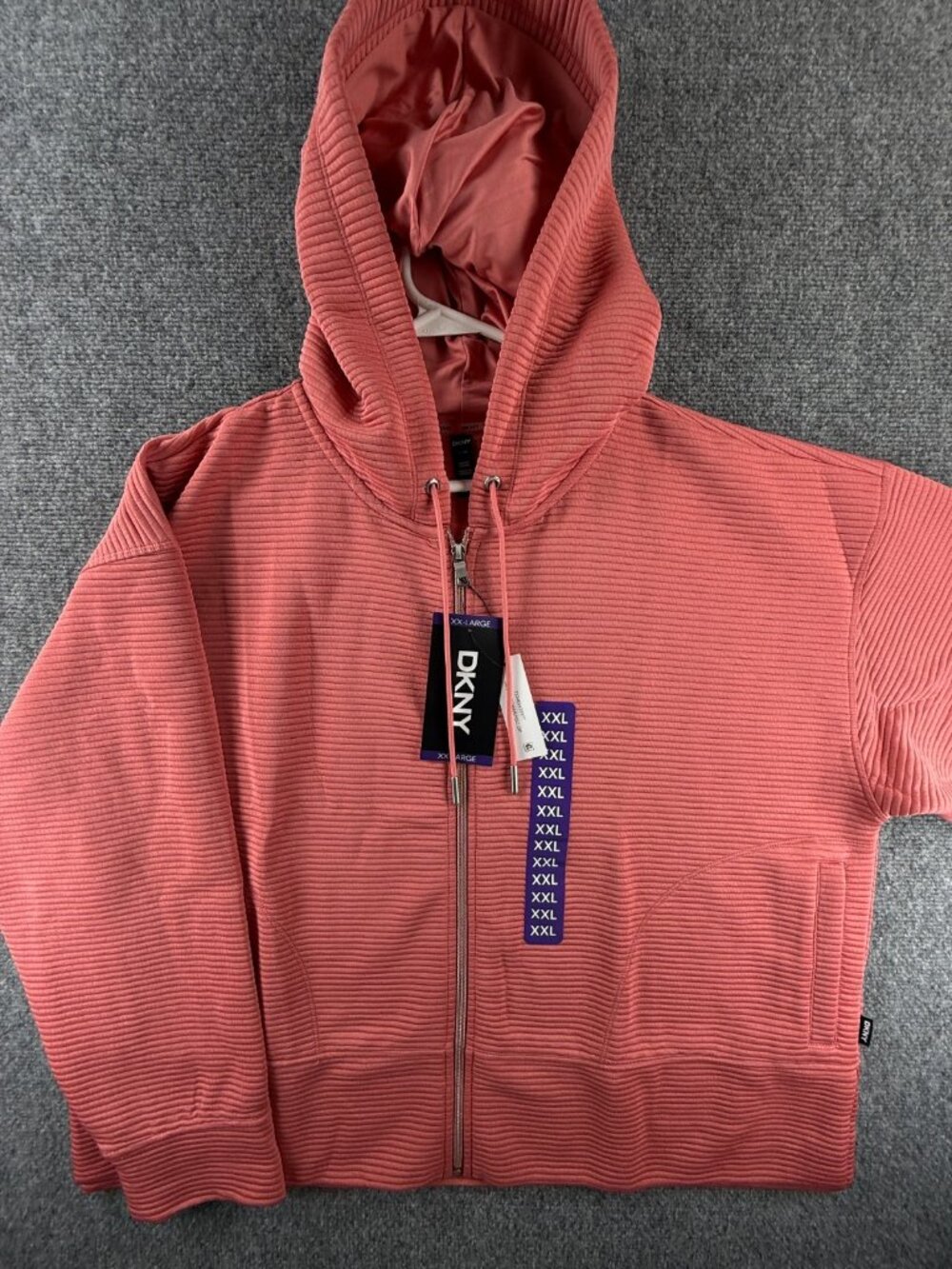 NWT DKNY Hooded Jacket Womens XXL Pink Ribbed Soft Ottoman Tech Pockets Full Zip